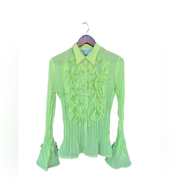 Vintage Y2K 90s Lime Green Mesh Blouse Bell Sleeves Medium Festival Fairy Whimsy - Picture 2 of 8